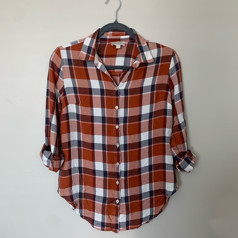LOFT orange, navy, and white plaid button down shirt.